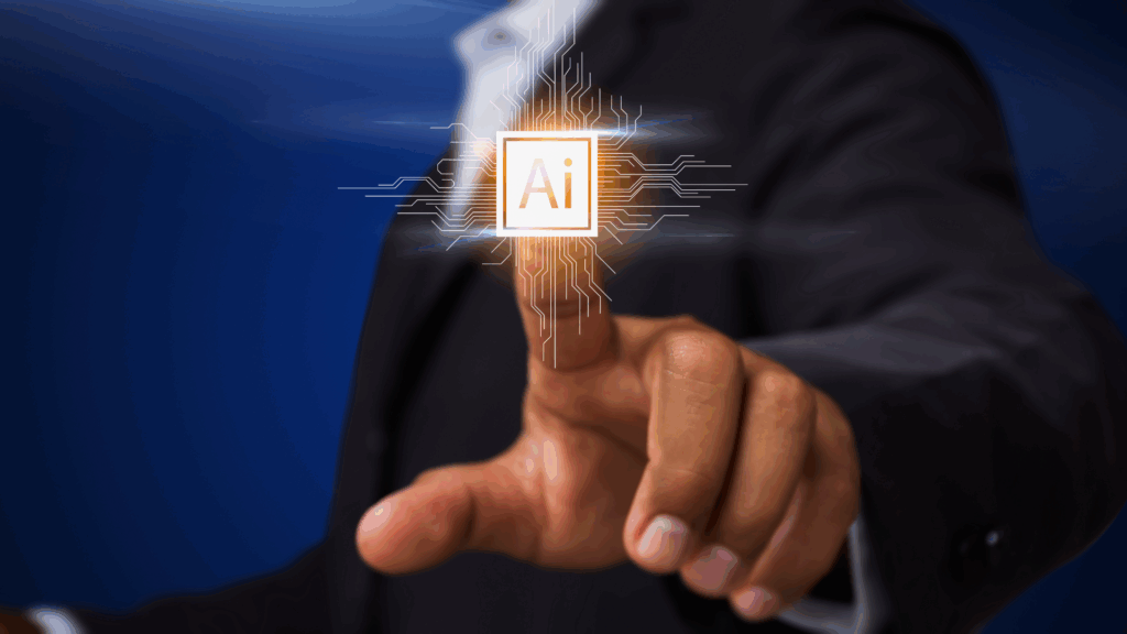 A photo of a person pressing a button labelled "AI".