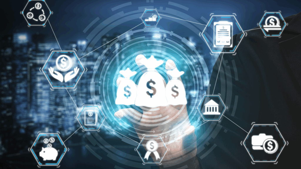 A photo of a man interacting with a holographic display.