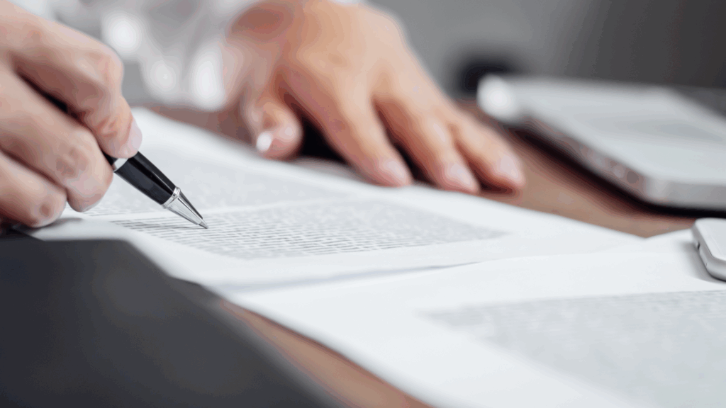 A photo closeup of a person writing on a document.