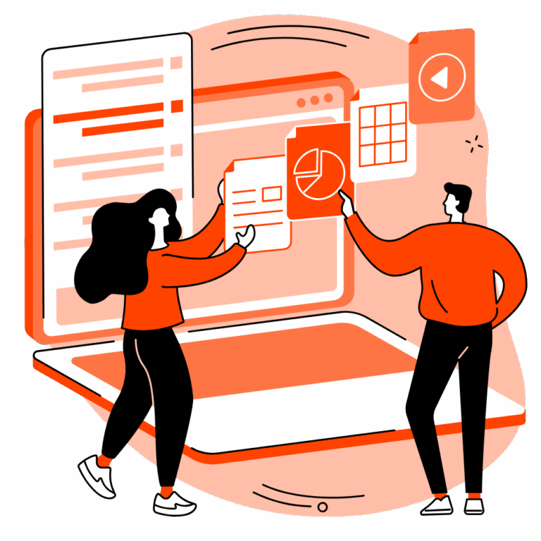 An illustration of two people looking at data on a laptop.
