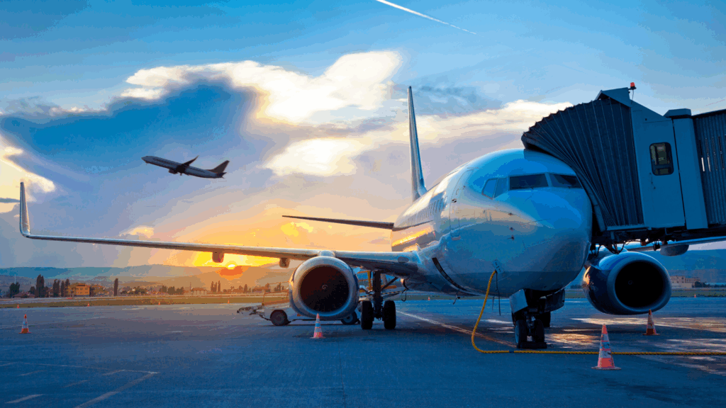 A photo of a plane on the tarmac, with another plane taking flighting in the background.
